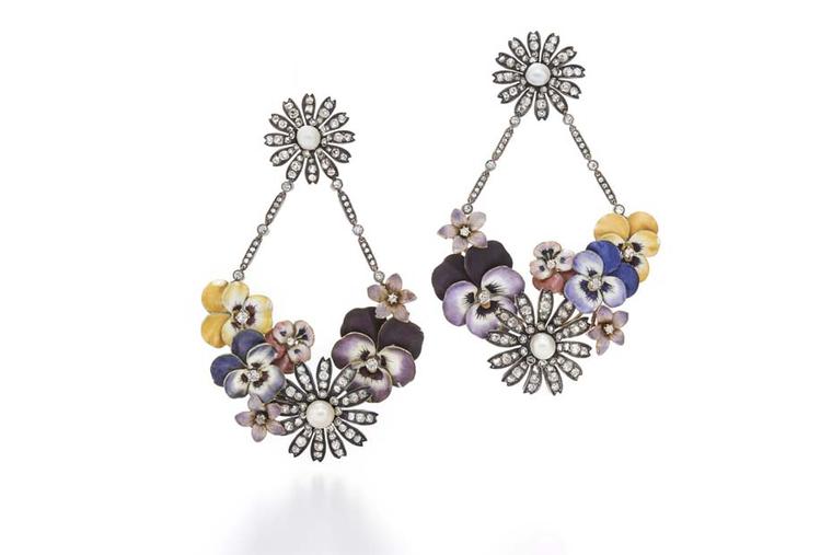 Stunning Fred Leighton Enamel and Diamond Flower Garland pendant earrings set with approximately 5.00 carats of old mine and rose-cut diamonds.